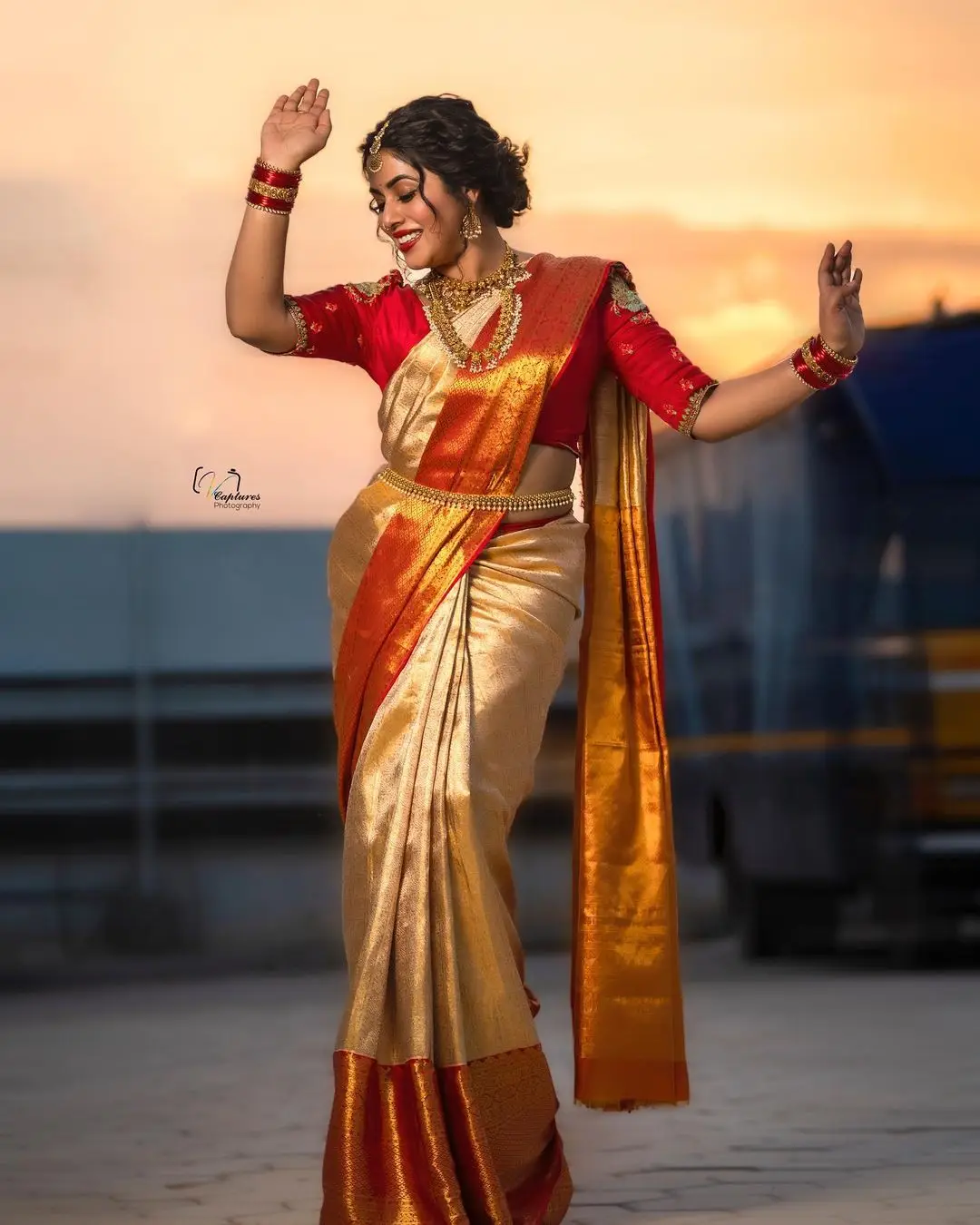 Malayalam Girl Shamna Kasim In Beautiful Jewellery Orange Saree